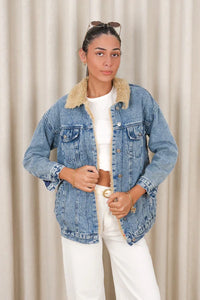 Stacy Fur Boyfriend Denim Jacket Blue
