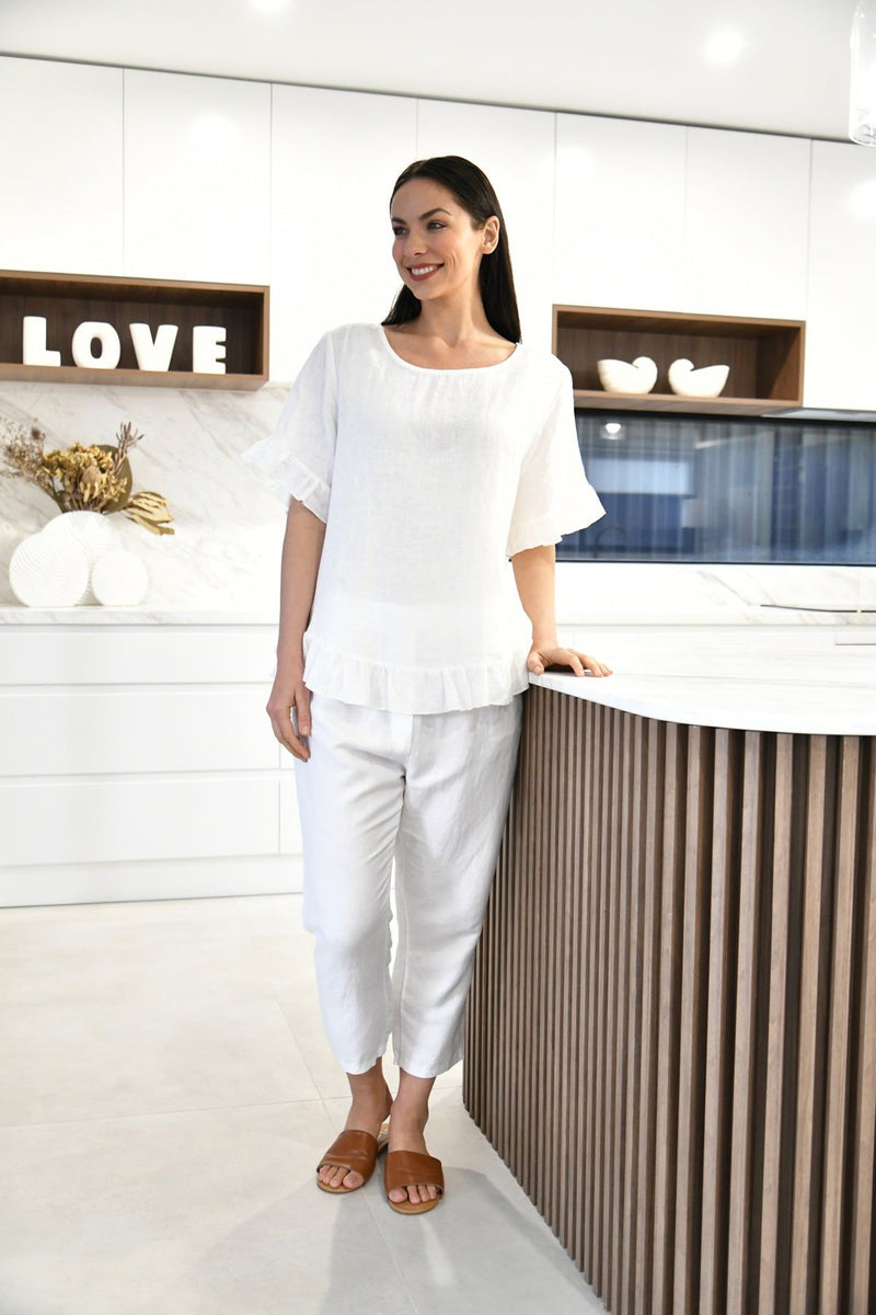 Katie Button Back Linen Top White