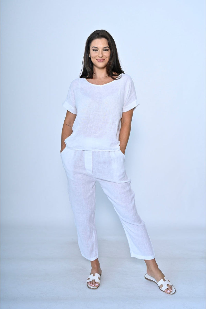 Tay V Neck Linen Top White