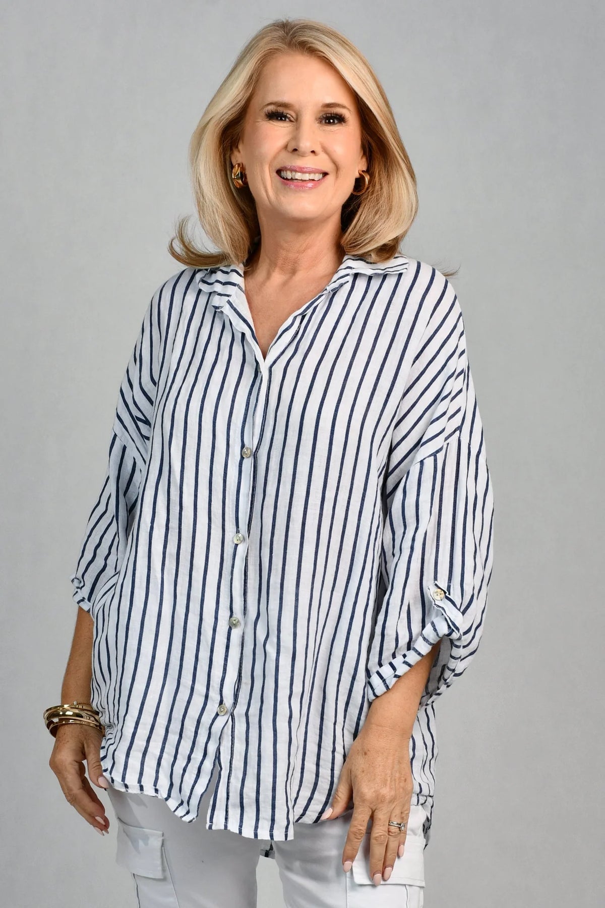Serena Button Linen Shirt Navy