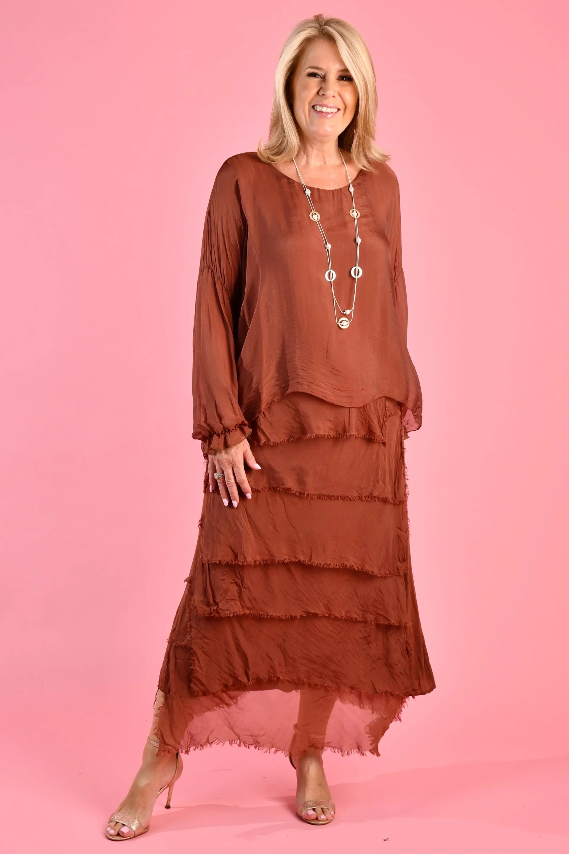 Layered Silk Maxi Dress Walnut