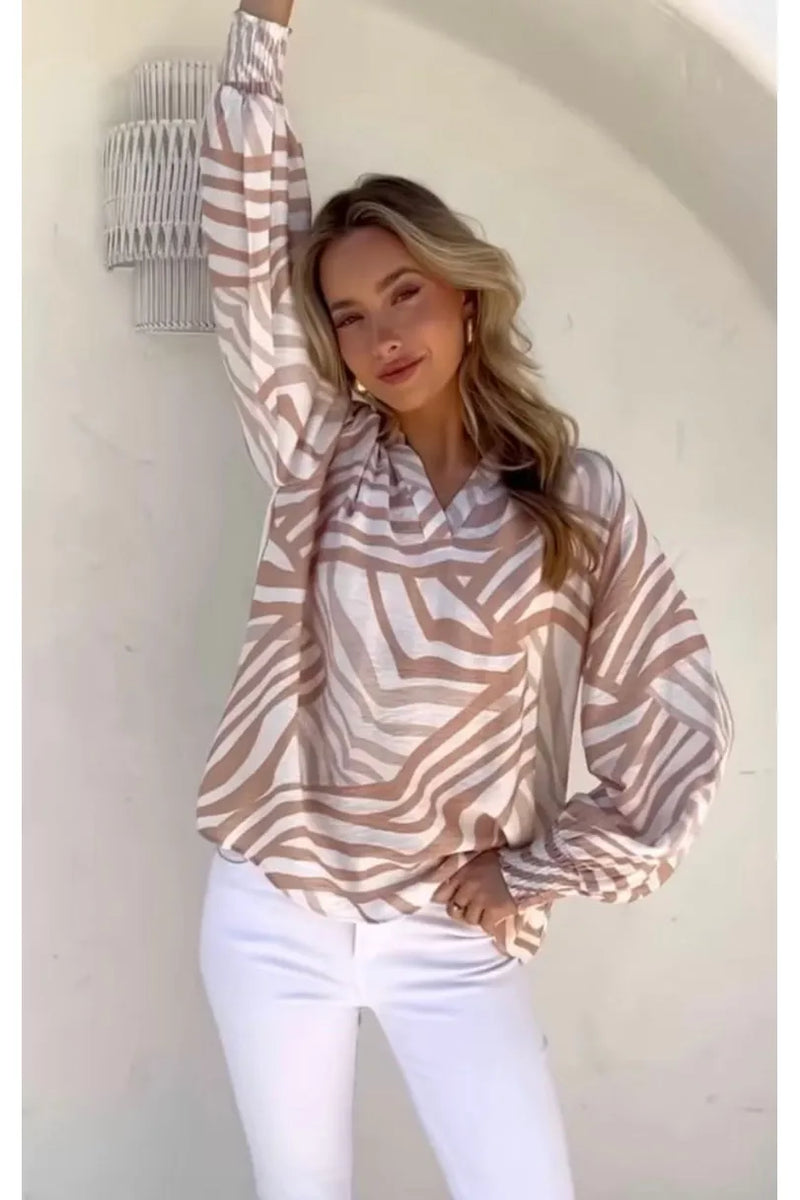 Ziggy Shirred Cuff Top Latte/White