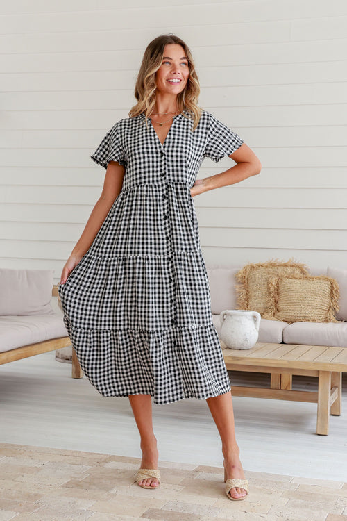 Sofia Gingham Midi Dress Black