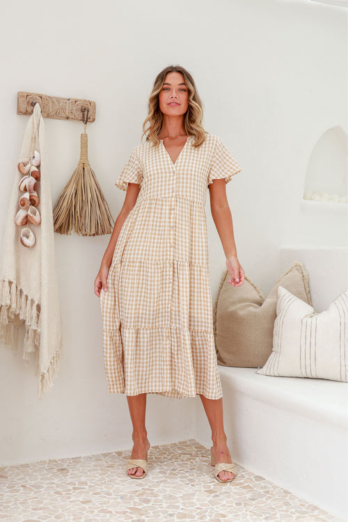 Sofia Gingham Midi Dress Latte