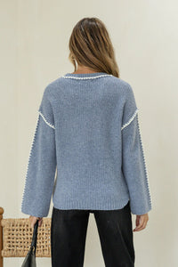 Maria Blanket Stitch Trim Knit Blue