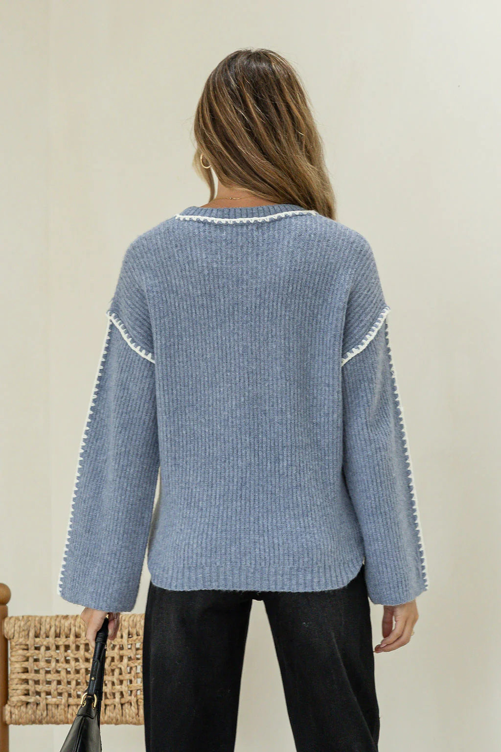 Maria Blanket Stitch Trim Knit Blue