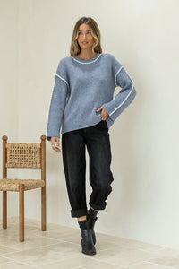 Maria Blanket Stitch Trim Knit Blue