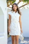 Ruffle Shoulder Denim Dress White