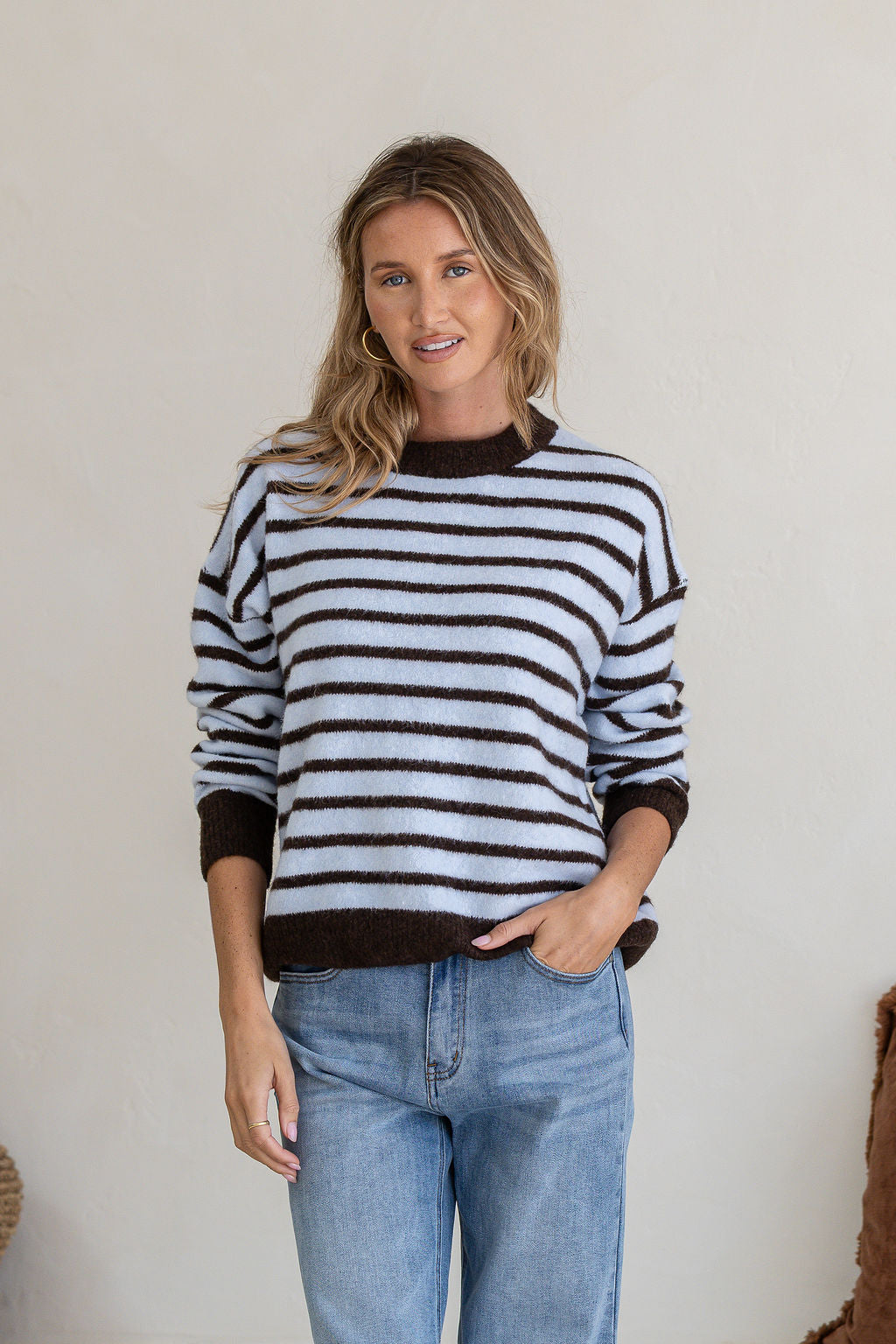 Zara Stripe Fluffy Knit Choc/Blue