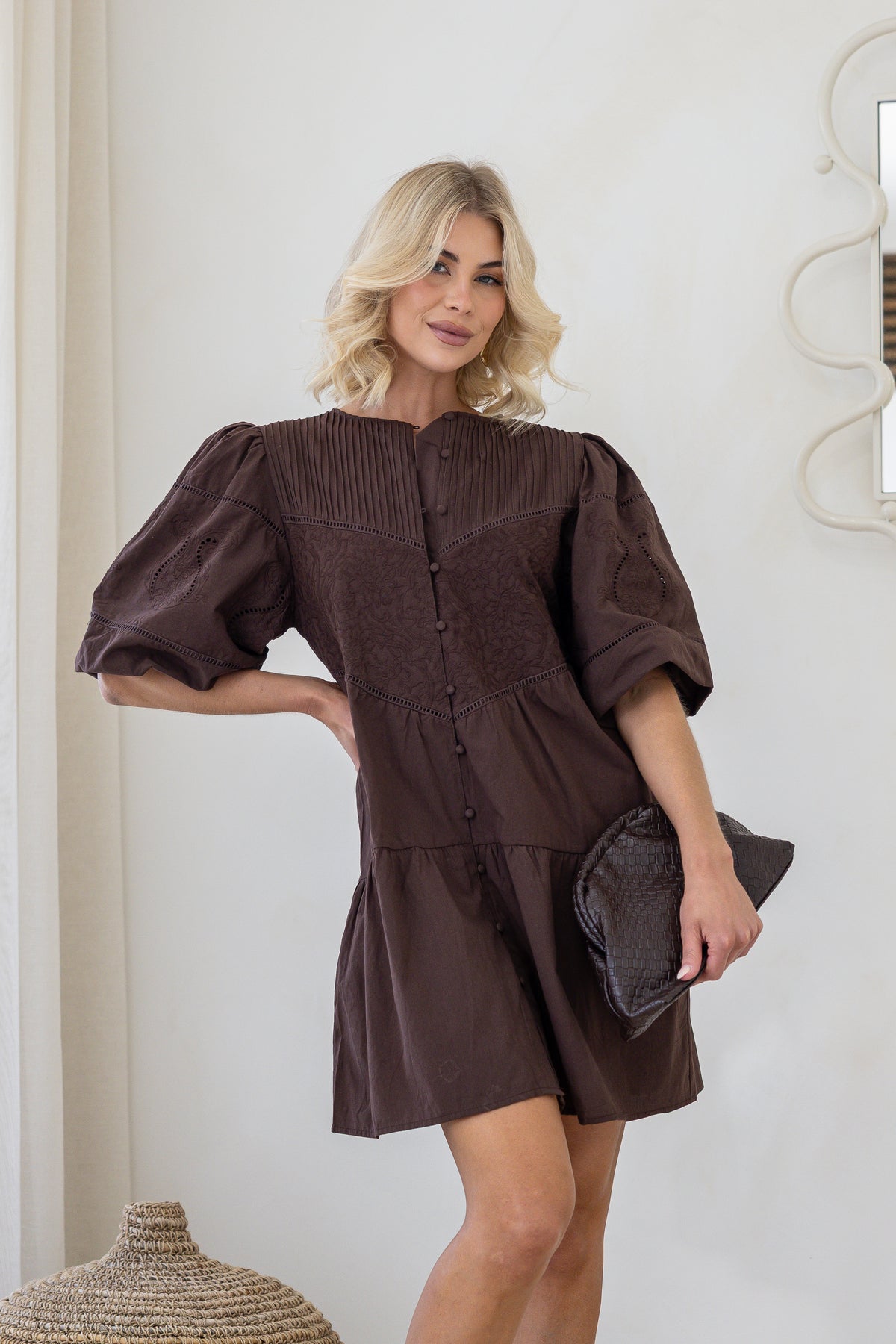 Isme Embroidered Pintuck Dress Chocolate