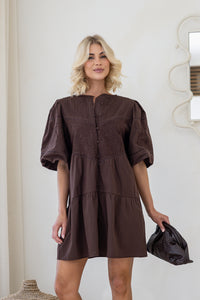 Isme Embroidered Pintuck Dress Chocolate