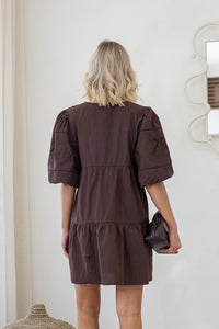 Isme Embroidered Pintuck Dress Chocolate
