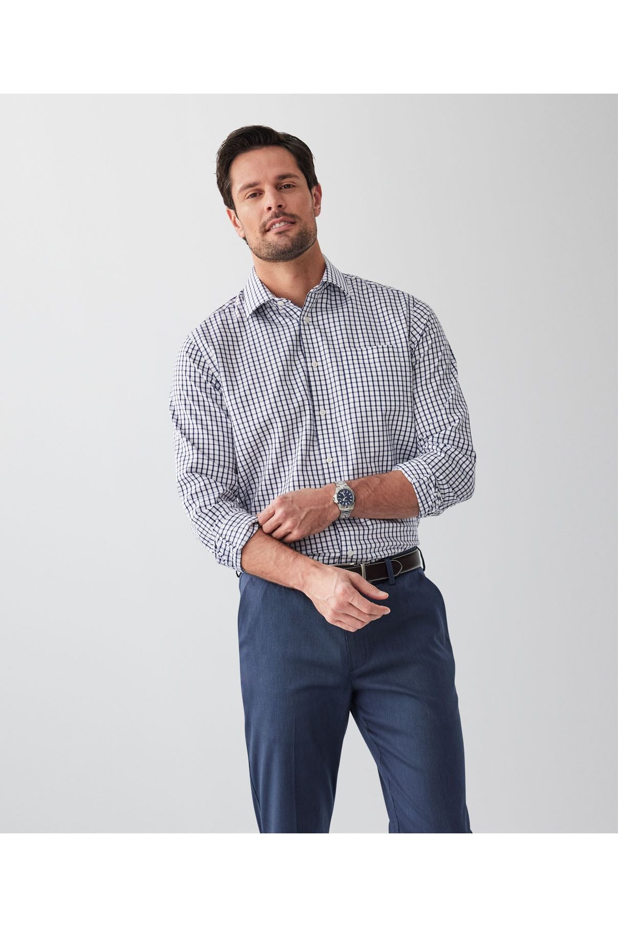 Non-Iron Twill Check Shirt White