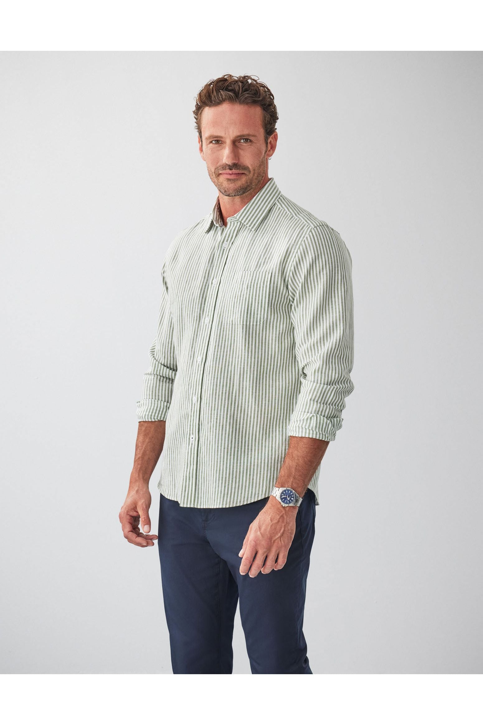 Linen Blend Bengal Stripe Shirt Khaki