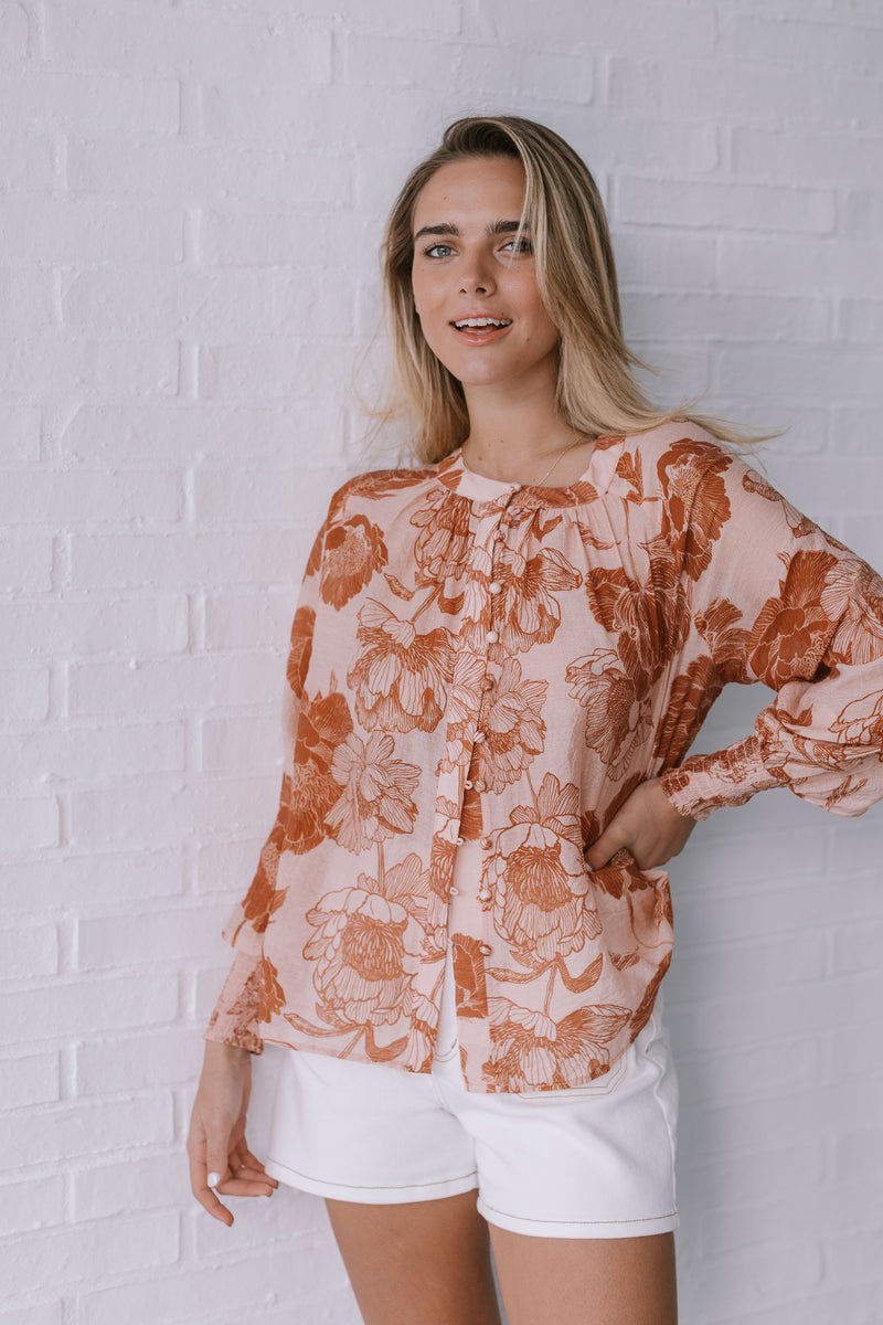 Ava Floral Top Tan/Blush
