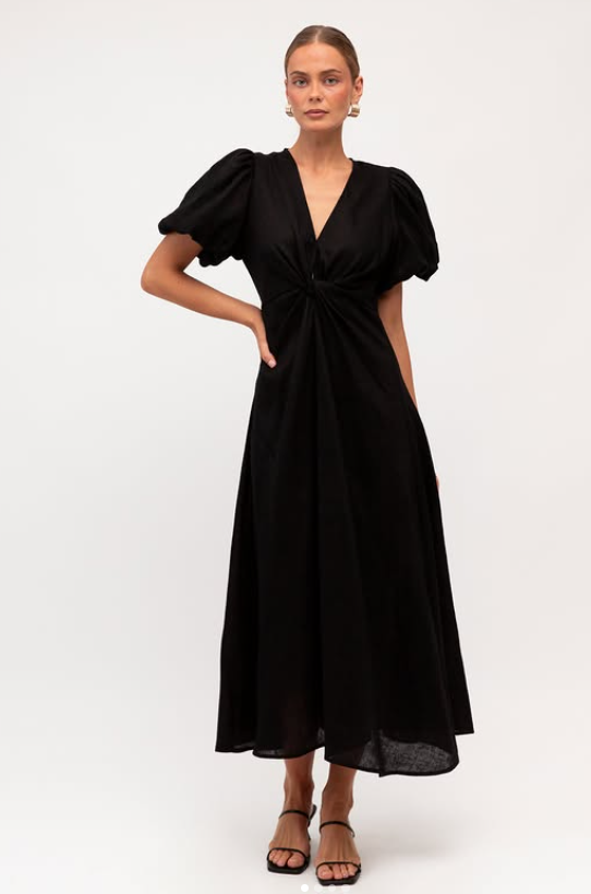 Puff Sleeve Midi Dress Black