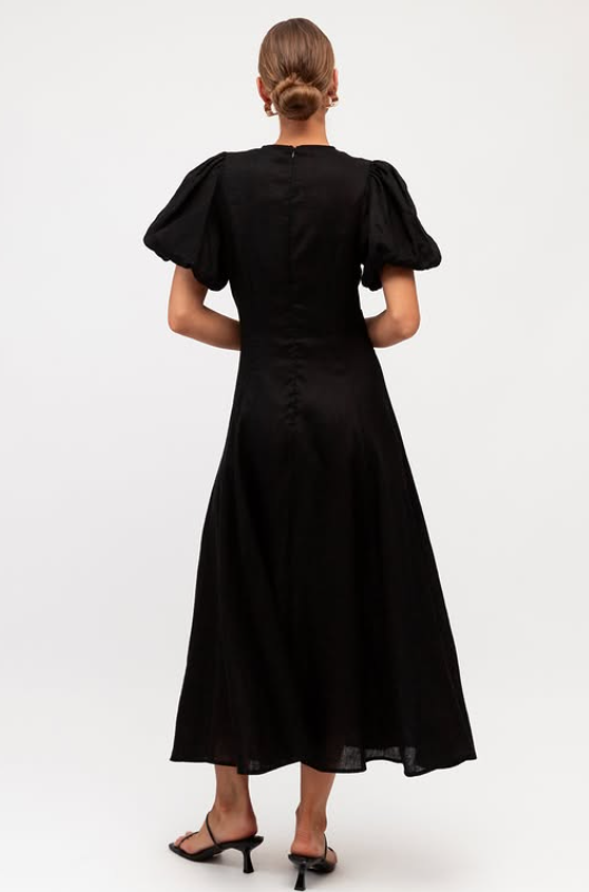Puff Sleeve Midi Dress Black