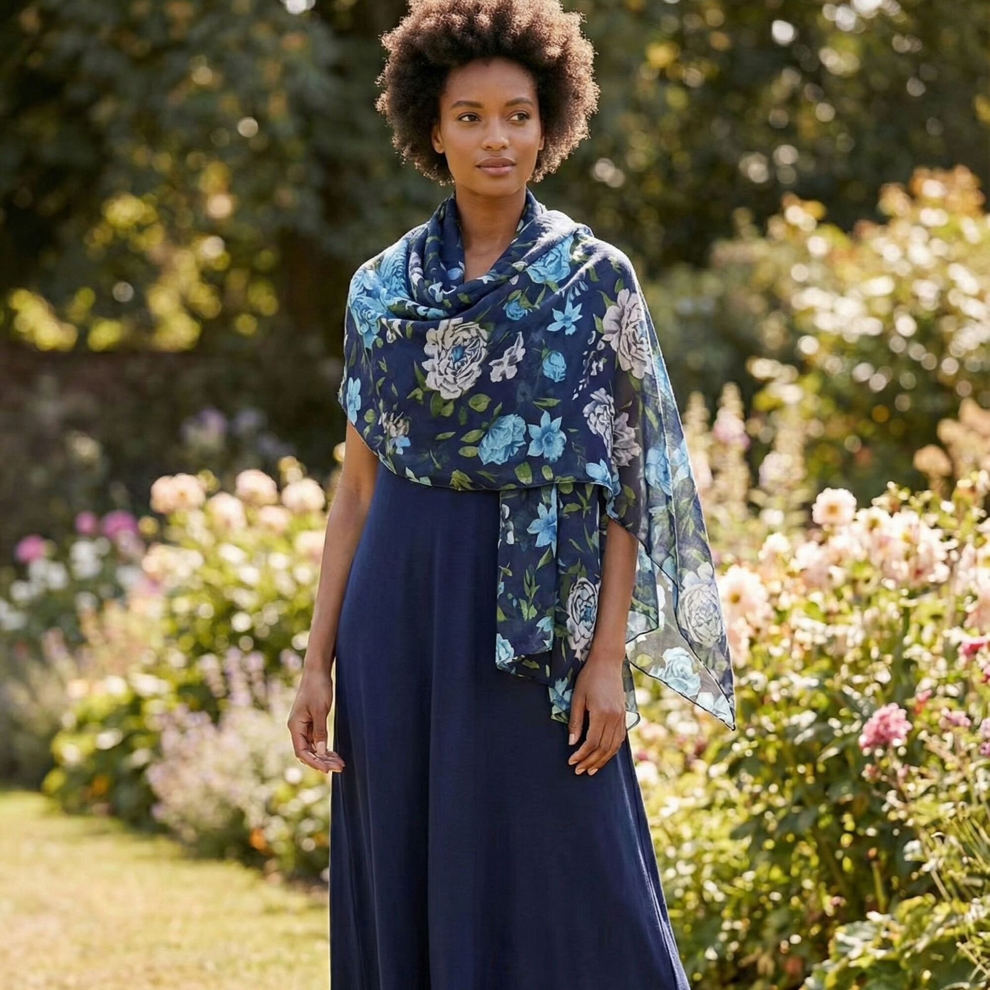 Peony Rose Garden Scarf Navy