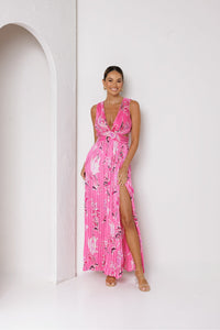 Laila Pleated Ruffle Maxi Dress Hot Pink
