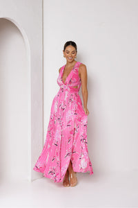 Laila Pleated Ruffle Maxi Dress Hot Pink