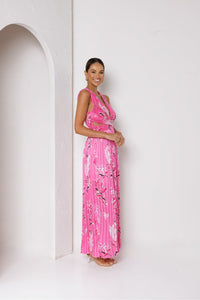 Laila Pleated Ruffle Maxi Dress Hot Pink