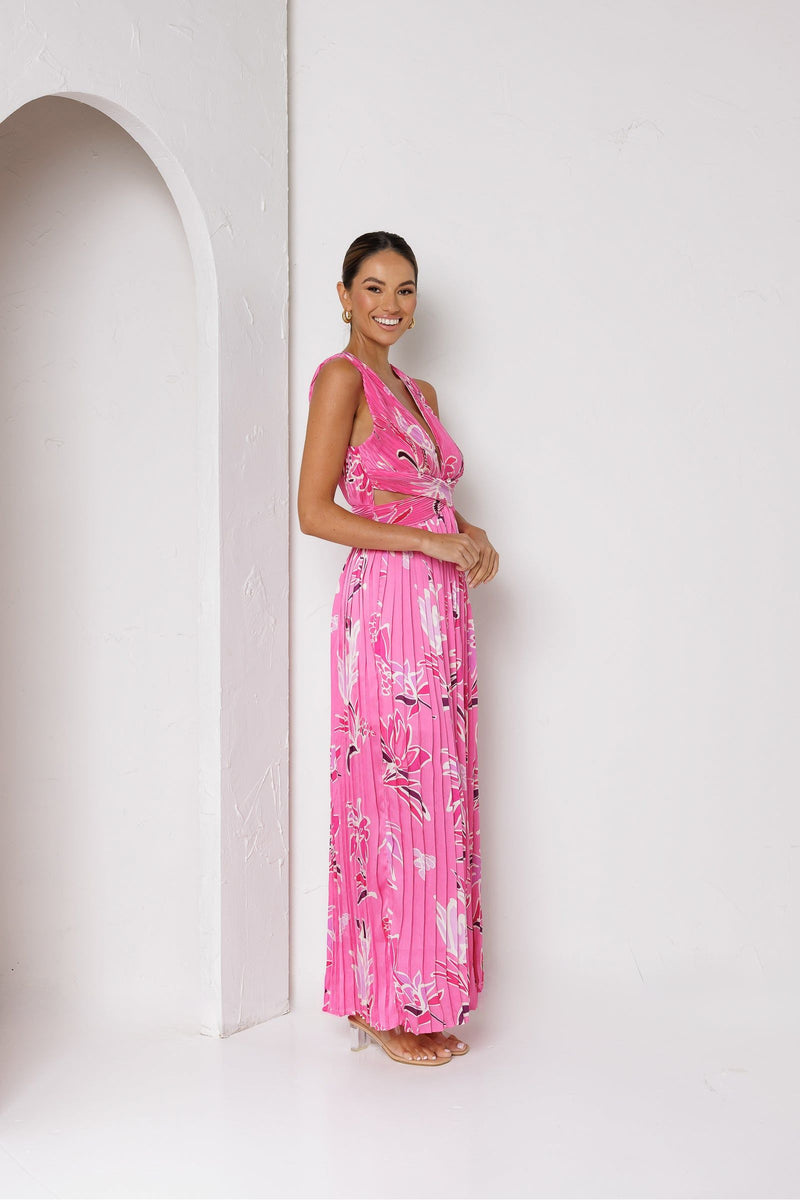 Laila Pleated Ruffle Maxi Dress Hot Pink