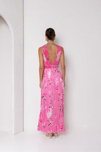 Laila Pleated Ruffle Maxi Dress Hot Pink