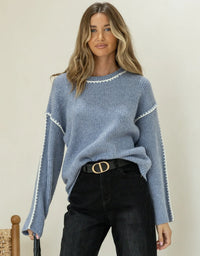 Maria Blanket Stitch Trim Knit Blue