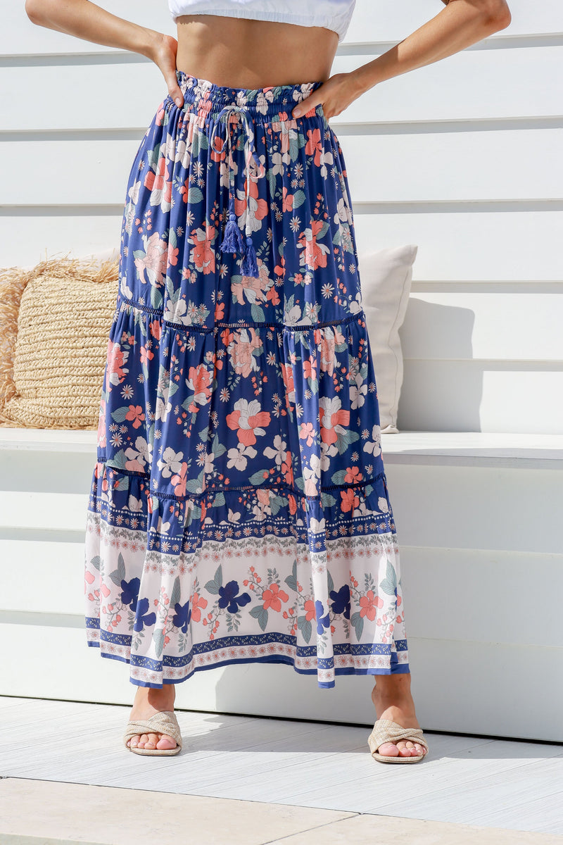 Cece Floral Maxi Skirt Navy