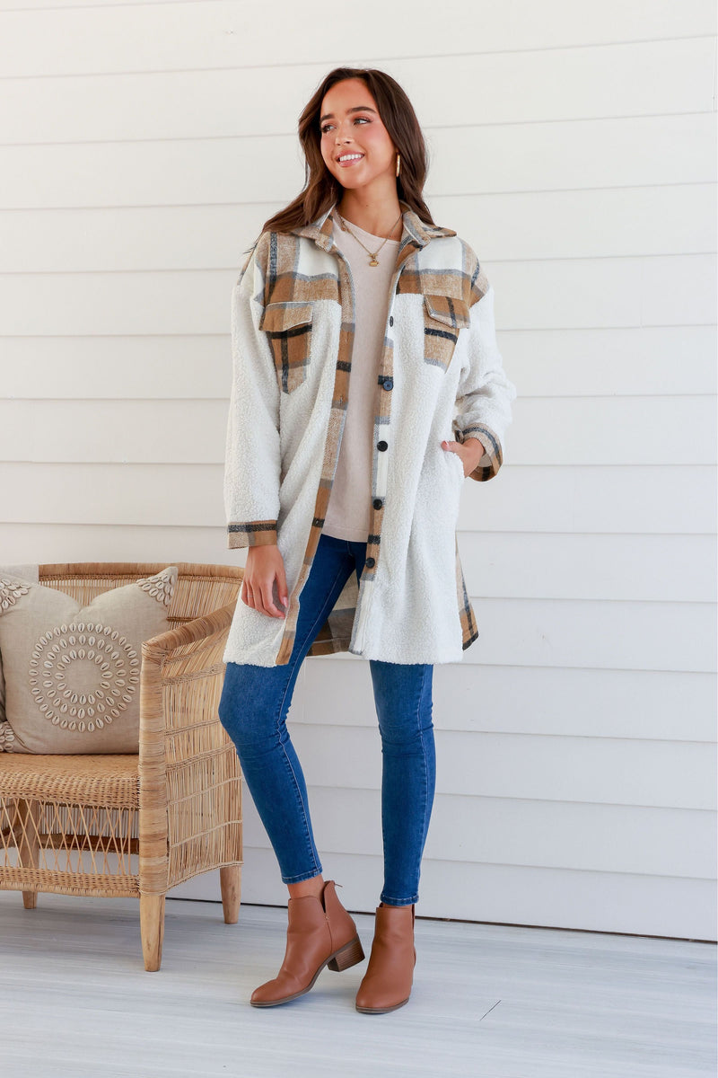 Darla Check Long Shacket Mocha