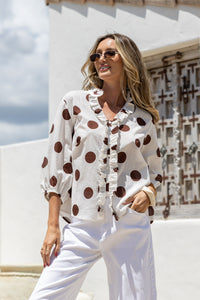 Polka Dot Ruffle Front Shirt White/Choc