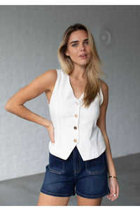 Linen Button Vest White