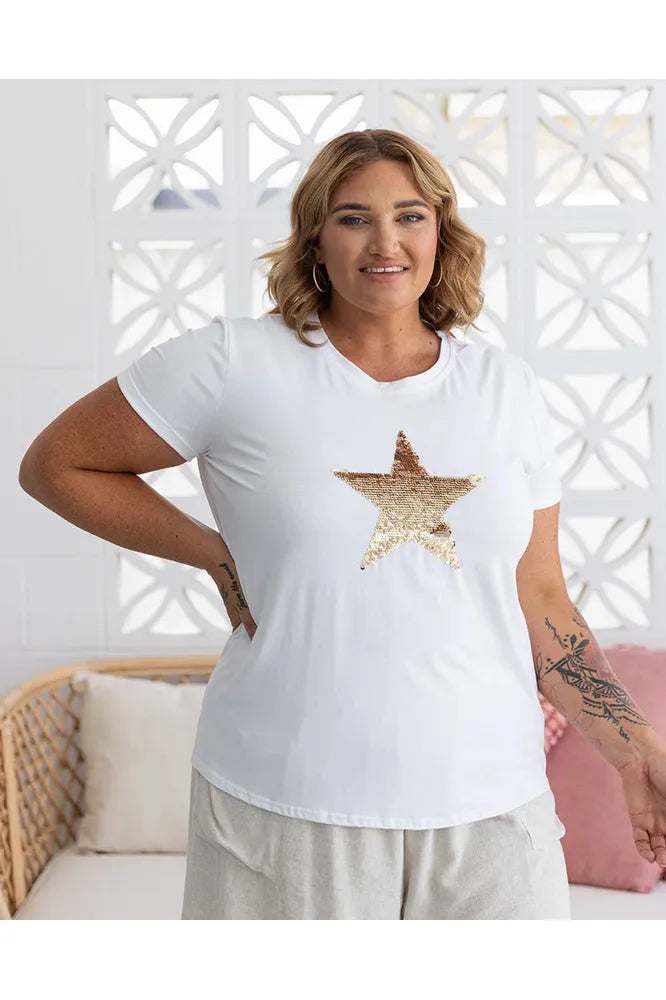Star Sequin Tee White/Gold