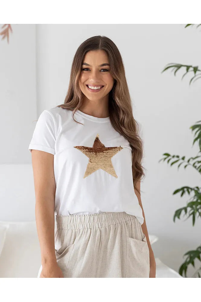 Star Sequin Tee White/Gold