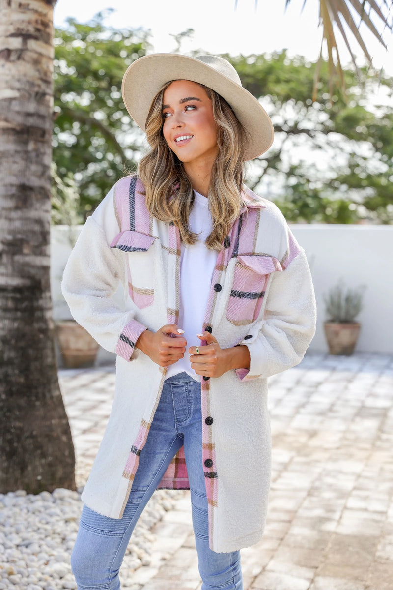 Darla Check Long Shacket Pink