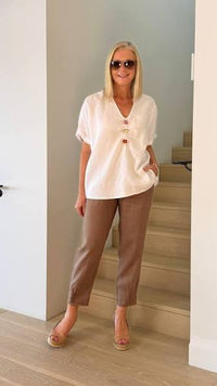 Ribbed Waist Linen Pant Mocha