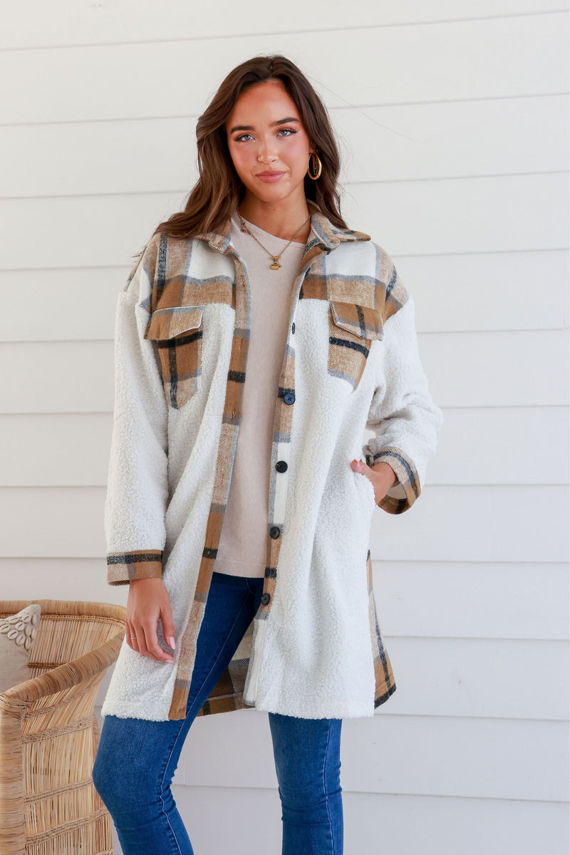 Darla Check Long Shacket Mocha