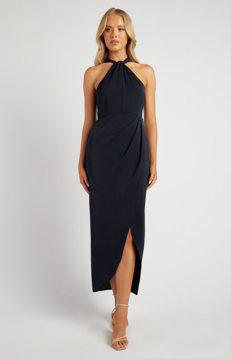 Halter Satin Midi Dress Navy