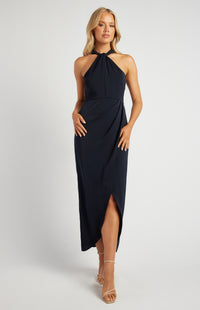 Halter Satin Midi Dress Navy