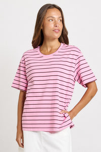 Relax Boxy Tee Pink/ Chocolate Stripe