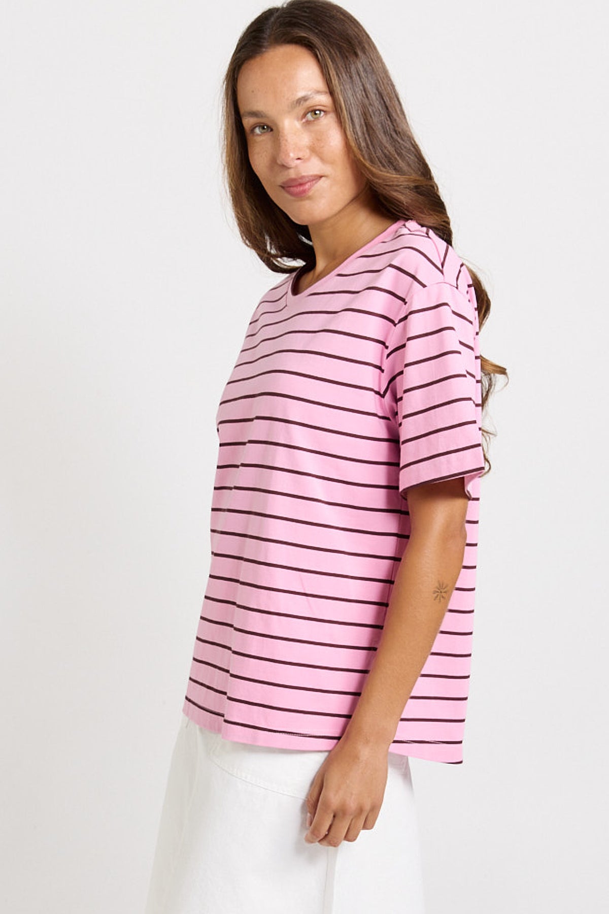 Relax Boxy Tee Pink/ Chocolate Stripe