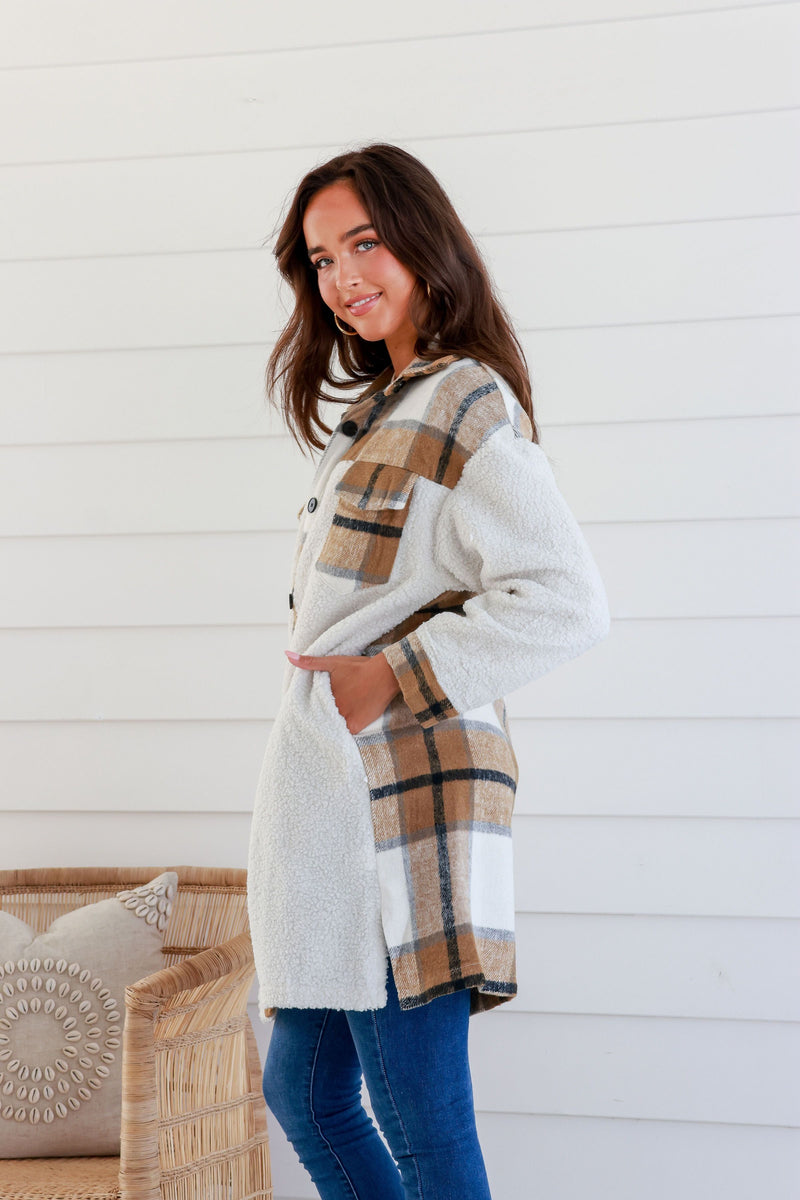 Darla Check Long Shacket Mocha