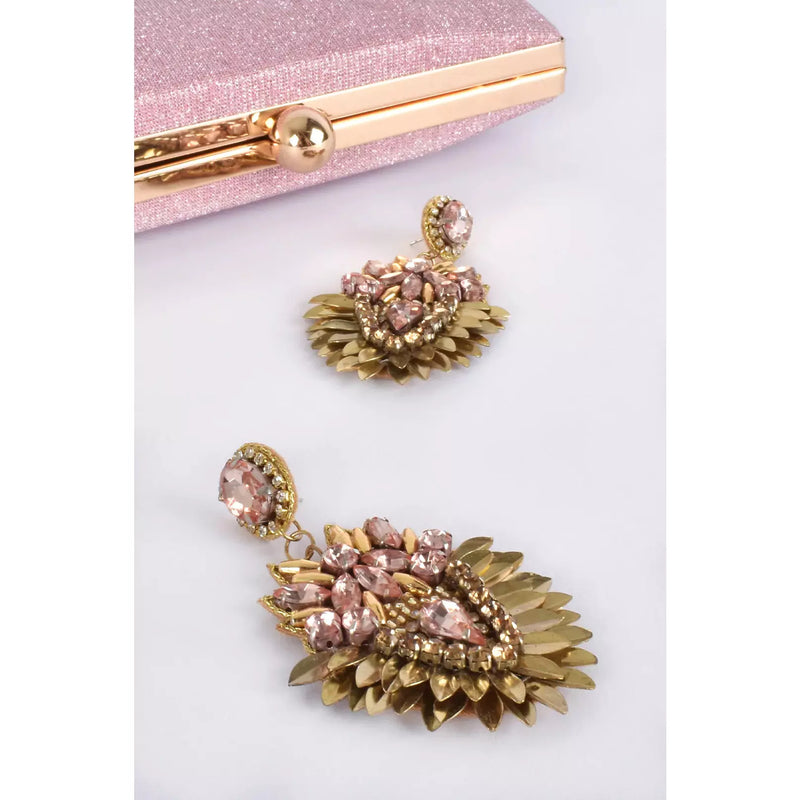 Jewelled Leaf Edge Event Earrings Pink/Gold