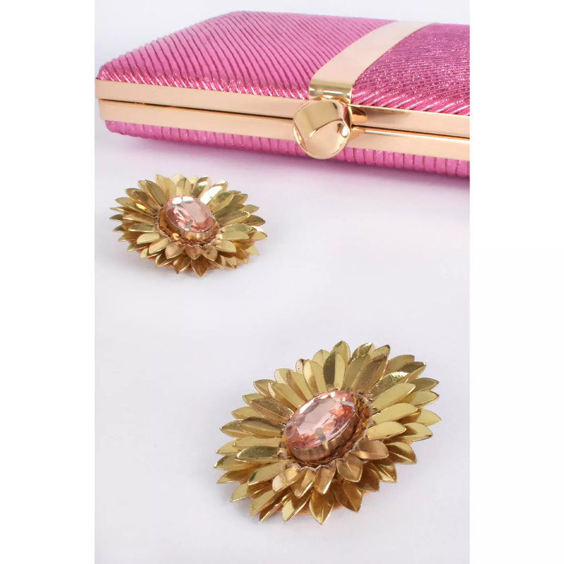 Metallic Leaf Jewel Centre Stud Earrings Pink/Gold