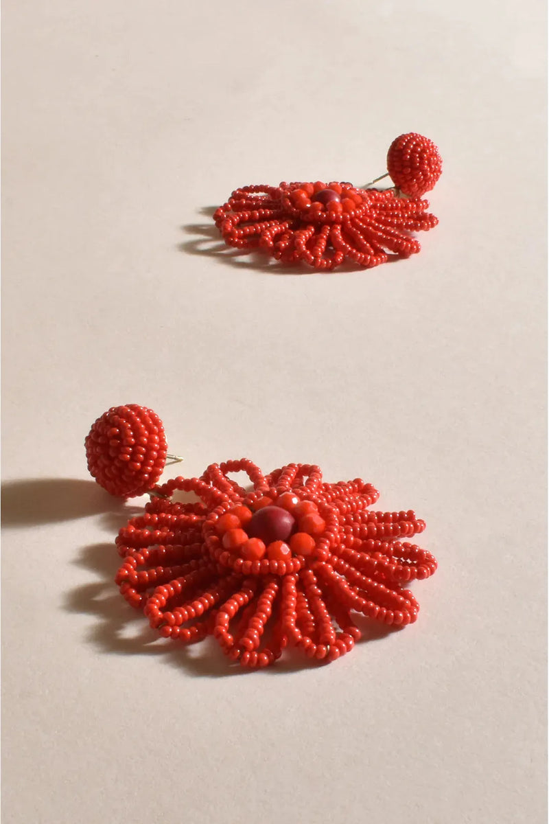 Beaded Summer Flower Earrings Red