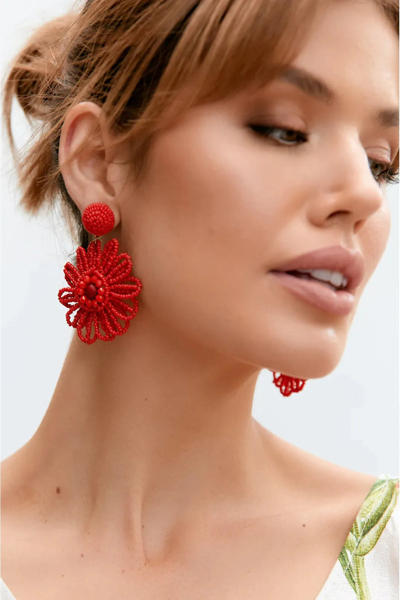 Beaded Summer Flower Earrings Red
