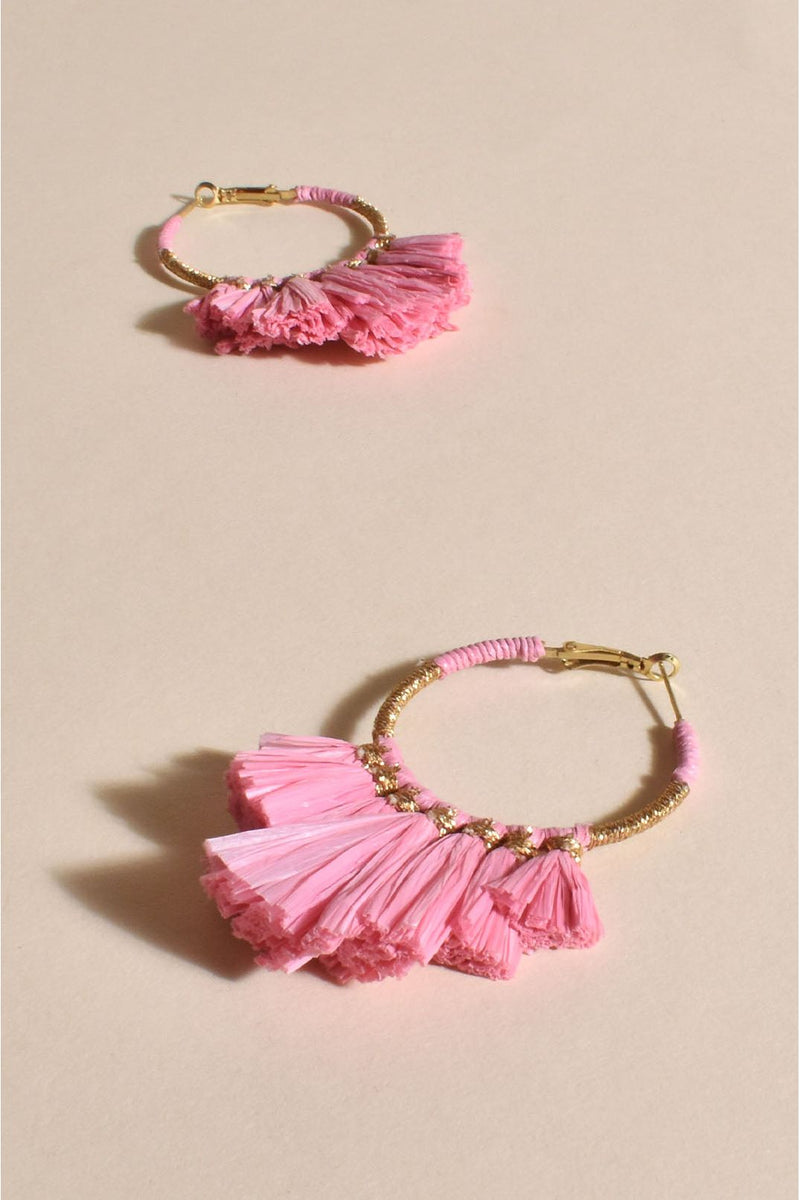 Mini Juniper Fringed Raffia Hoops Pink