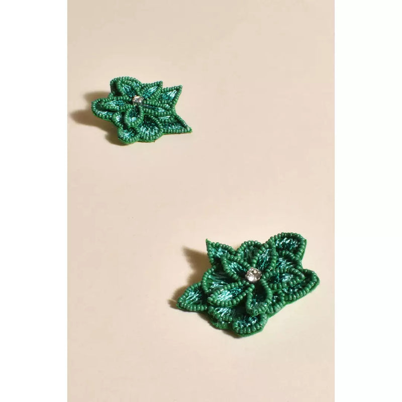 Layered Hand Stitched Flower Earring Green