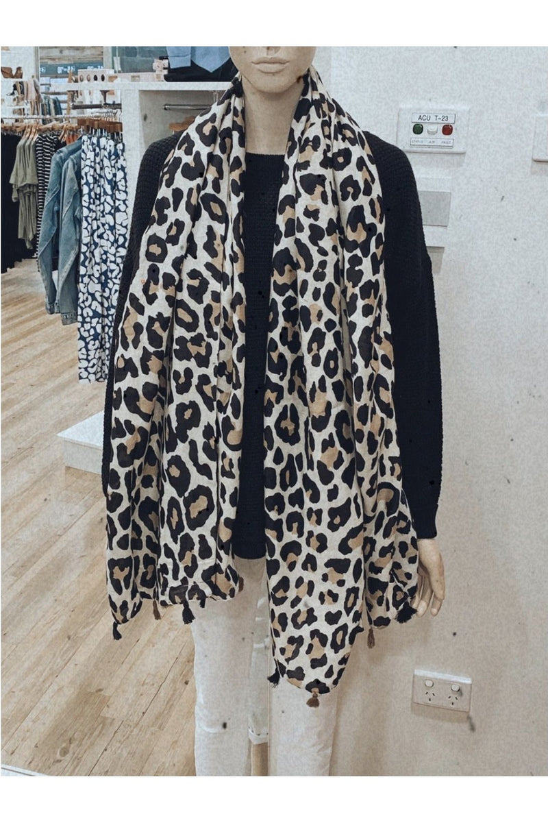 Tassel Edge Leopard Print Scarf Natural